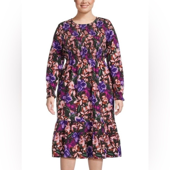 Terra & Sky Floral Smocked Midi Dress Cottagecore Prairie Boho Purple Pink Sz 3X - Picture 1 of 11